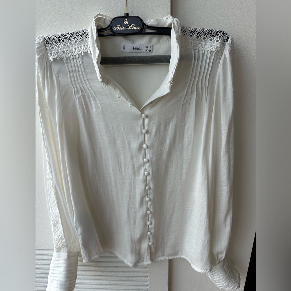 Mango White Pleated Notched Collar Blouse